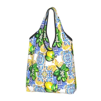 Рециклиране на средиземноморски плочки летни плодови лимони пазарска чанта жени голяма пазарска чанта преносими хранителни стоки чанти за пазаруване