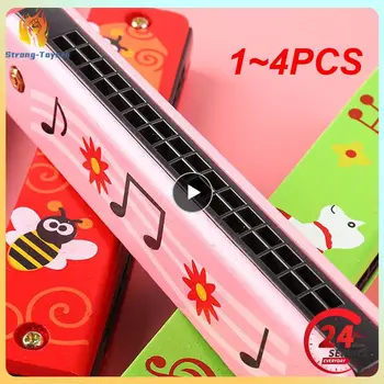 1 ~ 4PCS дървена хармоника за детски играчки музикални инструменти 16 дупки двуредов удар карикатура цвят духови уста хармоника