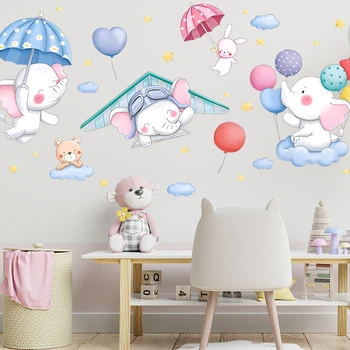 Карикатура заек слон мечка скитащи в небето стена стикери за деца спалня декорация животински стенопис изкуство дома ваденки Pvc плакат