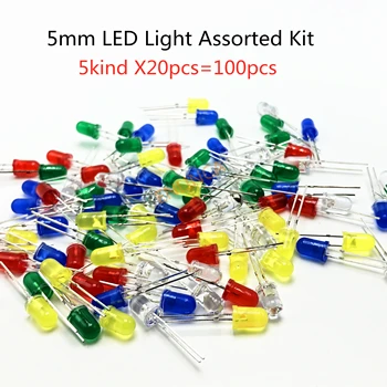 5kind X20pcs=100pcs 5mm LED светлина асорти комплект DIY светодиоди комплект бял жълт червен зелен син 5kinds X 20pcs