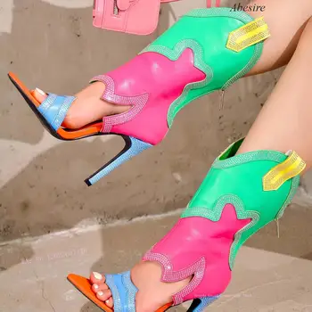 Нова мода подиум rimmed диамант украсени многоцветни снаждане пайети дамски обувки улица универсален отслабване къси ботуши