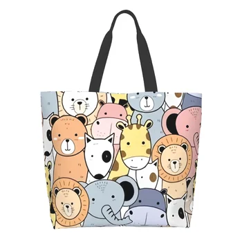пастелни цветни животни пазарска чанта за многократна употреба карикатура Doodle голяма пазарска чанта зоологическа чанта за рамо случайни леки голям капацитет