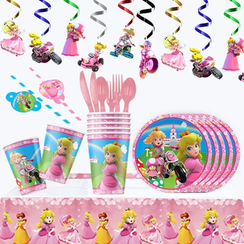 Super Mario Bros-Princess праскова за еднократна употреба парти прибори за хранене розова хартия чаша плоча пластмасов нож и вилица покривка декор доставки
