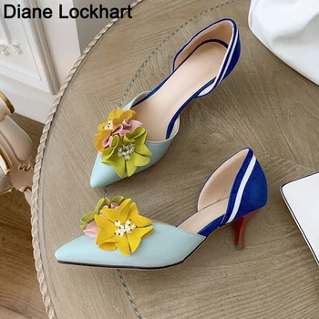 Мода Дамски флорални заострени пръсти цветя Stilettos дама средата петата обувки смесени цветове сандали помпи сватба булчински токчета Ново 2022