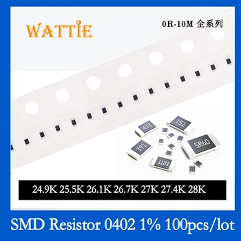 SMD резистор 0402 1% 24.9K 25.5K 26.1K 26.7K 27K 27.4K 28K 100PCS / партида чип резистори 1 / 16W 1.0mm * 0.5mm