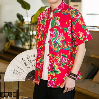 китайски стил голяма цветна плоча катарама мъжки случайни ретро облицовани Североизточна голяма цветна риза национален прилив божур риза