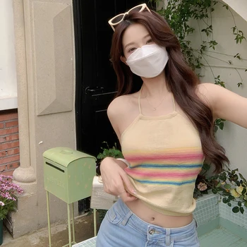 Оглавник потници за жени ивица контраст цвят тънък сладък Fshion трикотажни без ръкави камизола корейски версия 