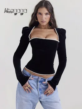 Ahagaga Секси клуб кадифе T ризи мода без гръб редовни ежедневни къдри елегантен дълъг ръкав тънък обвивка върховете женски streetwear
