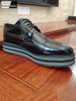 Мъжки обувки от естествена кожа Brogue дебело дъно дантела нагоре офис мъже бизнес случайни британски стил ретро рокля обувки платформа обувки