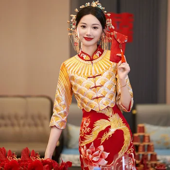 Класически китайски Qipao булката сватбена рокля изящна бродерия Феникс цвете тост облекло ханфу Cheongsam тънък вестидос