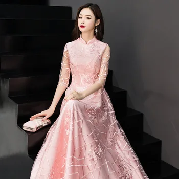 Дамска абитуриентска рокля Китайски стил шаферско облекло Секси дантела Stand-up яка Средата на ръкава отслабване парти пола домакин Vestidos