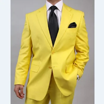 Жълт абитуриентски мъжки костюми за етап 2 парче Персонализиран сватбен смокинг с изрязан ревер Groomsmen мъжки моден блейзър с панталони 2024