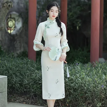 Есен и зима Нова вълнена вълна Удебелени млади момичета Cheongsam женствена ретро дълга тънка пола модерен печат Cheongsam