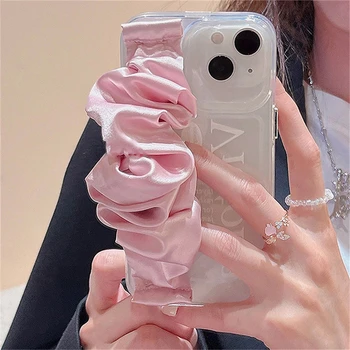 корейски сладък розов копринен маншет лента прозрачен телефон за iPhone 14 13 12 11 Pro Max момиче подарък удароустойчив мека корица Funda