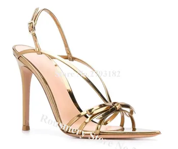 Красиви златни кожени тънки презрамки Сандали на ток Папийонка Кръстосани сандали на висок ток Официални обувки за сватбена рокля