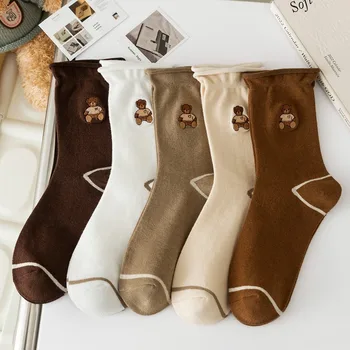 Чорапи Детска двойна игла бродирани Little Bear Mid Tube Чорапи Есен и зима Японски сладък тренд студентски чорапи