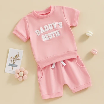 Малко дете бебе момиче екипировки татко Bestie къс ръкав бродерия Топ еластични къси комплекти новородено бебе летни дрехи