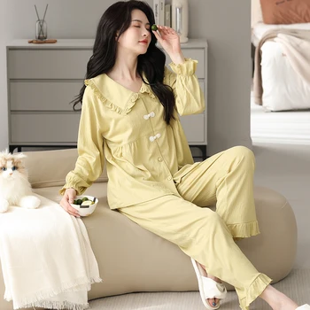 голям размер M-4XL жени плетени памучни пижами комплект дълъг ръкав спално облекло твърди пижами женски комплект дропшипинг