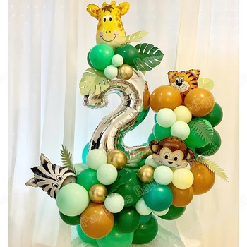 49Pcs джунгла сафари животински тема балони деца 0-9 години брой рожден ден декор зелен латекс хелий globos бебе душ доставка