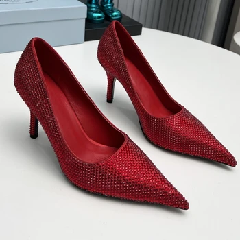 Кристали червена кожа жени единични обувки приплъзване заострени пръсти дамски обувки помпа такони Para Mujer Stiletto токчета Sapatos Feminino