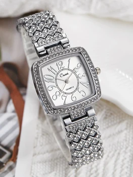 Големи числа Gold Sliver Watch Жени Кварцов ръчен часовник Прост квадратен часовник за набиране Мода Диамантена гривна от неръждаема стомана Reloj