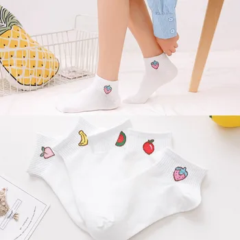 5 чифта памучни чорапи пролет лято пот-абсорбиращи чорап чехли жени момичета плодове бродирани чорапи средата тръба бял трикотаж