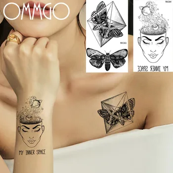 OMMGO Diamond Moth Tattoo Temporary Thinker Planet Brain Tattoos Стикер за мъже Жени Боди Арт Arm Neck Fake Tatoo Paper Decals
