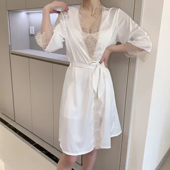 Секси пачуърк дантела кимоно халат рокля бяла коприна булка шаферка сватбена роба нови летни жени нощница случайни домашно облекло