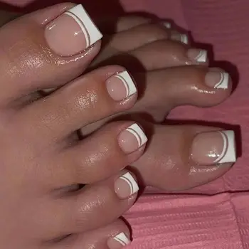 24pcs момичета пръсти нокти квадратни фалшиви нокти на краката пълно покритие бял ръб френски