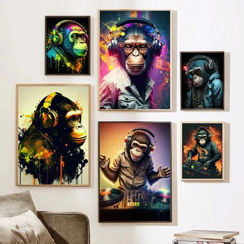 Акварел Cool Monkey слушалки DJ музикални плакати и отпечатъци животински платно живопис стена изкуство картини за хол домашен декор