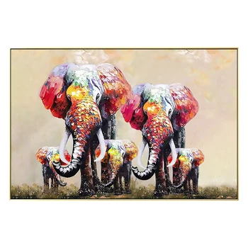 Ръчно рисувани цветни слонове семейство живопис върху платно хол спалня животински стена изкуство дома декор