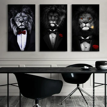 Lion Tiger In A Suit Rose Smoking Art Canvas Print Painting Gentleman Animal Wall Picture Living Room Home Decoration Poster