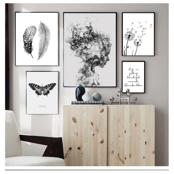 Картини Картини с пера Пеперуда Арт печат Абстрактни плакати и отпечатъци Хол стена декор Скандинавски плакат Черно и бяло