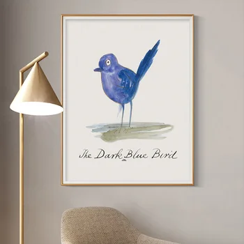Тъмно синята птица реколта изкуство печат плакат животински прозрачен акварел стена картина декор платно живопис