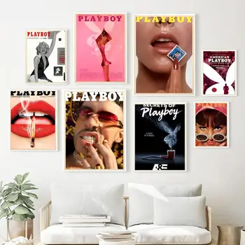 Fashion Magazine Cover Canvas Painting Poster Play Boy Rabbit Butterfly Red Lips Retro Wall Sticker Cafe Decorative Mural