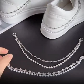 1PCS Двуслойни перли Катарами за обувки Декорации Неръждаема стомана Вериги Съвет Обувки Аксесоари Бижута на едро