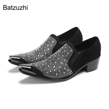 Batzuzhi заострени метални пръсти естествена кожа рокля обувки мъже 6 см токчета мъжки обувки кристал черен бизнес, парти/сватба човек