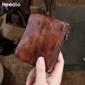 Реколта естествена кожа портфейл ретро телешка къс портфейл за мъже сгънете чантата с цип монета джоб карта притежателя пари чанта