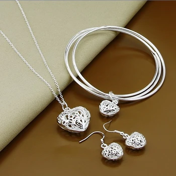 нов стил 925 стерлинги сребро сърце форма топка огърлица гривна обица комплект за жени годежно парти сватба мода чар J