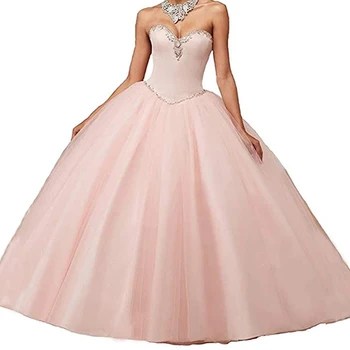 Розова принцеса Тюл топка рокля Quinceanera рокли Сатенена кристална абитуриентска рокля Sweetheart сватбени рокли Vestido de fiesta