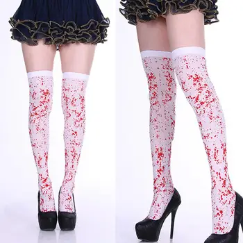 1 чифт атрактивни износоустойчиви Хелоуин чорапи Кърваво оцветени дълги кървави оцветени бедрото високи чорапи щадящи кожата