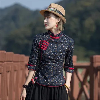 2023 жени ханфу върхове китайски памучен лен qipao жени tang костюм китайски топ цвете печат традиционен ханфу китайска блуза a434