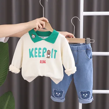 Baby Boy Облекло за кръщене 2023 Пролет Есен Карикатура Завой-надолу яка Тениски и панталони с дълъг ръкав Детски детски дрехи