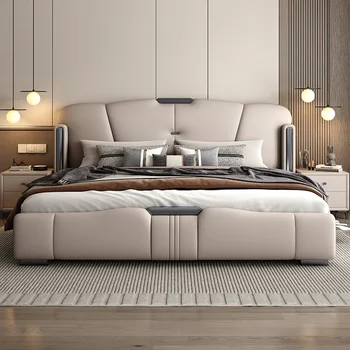 Nordic Луксозно естетическо легло под съхранение Master Modern King двойно легло бяло дърво кожа Cama кутия Casal спалня мебели