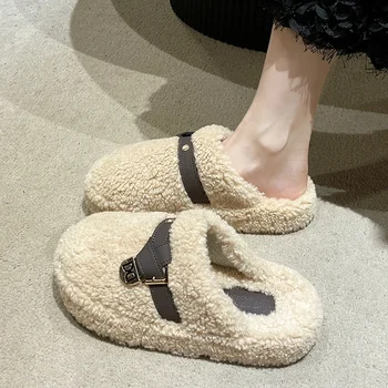 Платформа плюшени чехли за жени 2023 Дамски обувки Зимно външно облекло Baotou половин чехли Slip-on топли жени памучни чехли