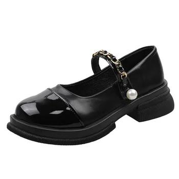 Mary Jane Малки кожени обувки Дамско лято 2022 Нов стил плитка мода перла лачена кожа плоски ежедневни обувки Femininos