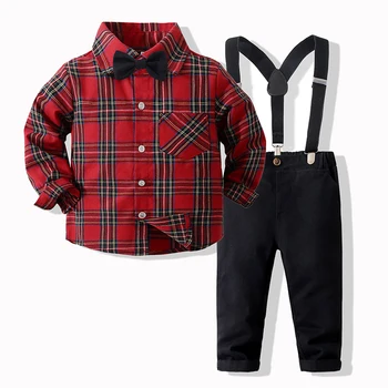 Baby Boys 2Pcs джентълменски костюми дълъг ръкав карирана риза Suspender панталони комплект дрехи за малки деца