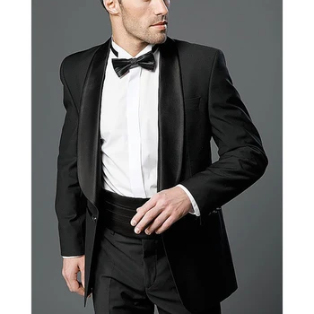 Костюм Homme Нова сватба Blazer мъже костюми Черно еднореден шал ревера яке панталони Hombre тънък годни две части Terno Prom