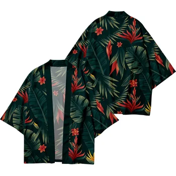 Нов дизайн зелено растение цвете печат улично облекло Haori традиционна японска жилетка мъже жени извънгабаритни кимоно косплей Юката