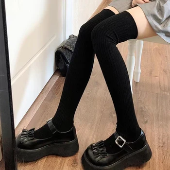 Есен и зима удебелени памучни чорапи коляното чист цвят прости дамски чорапи вертикални ивици топли чорапи